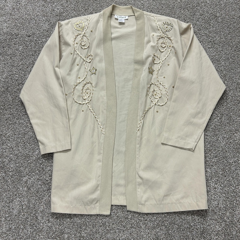 Rafael Jacket Womens Medium Beige Embroidered Beaded Hearts Stars Open Cardigan